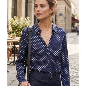 Equipment Brett Micro Star Print 100% Silk Shirt Navy Peacoat White XS $278